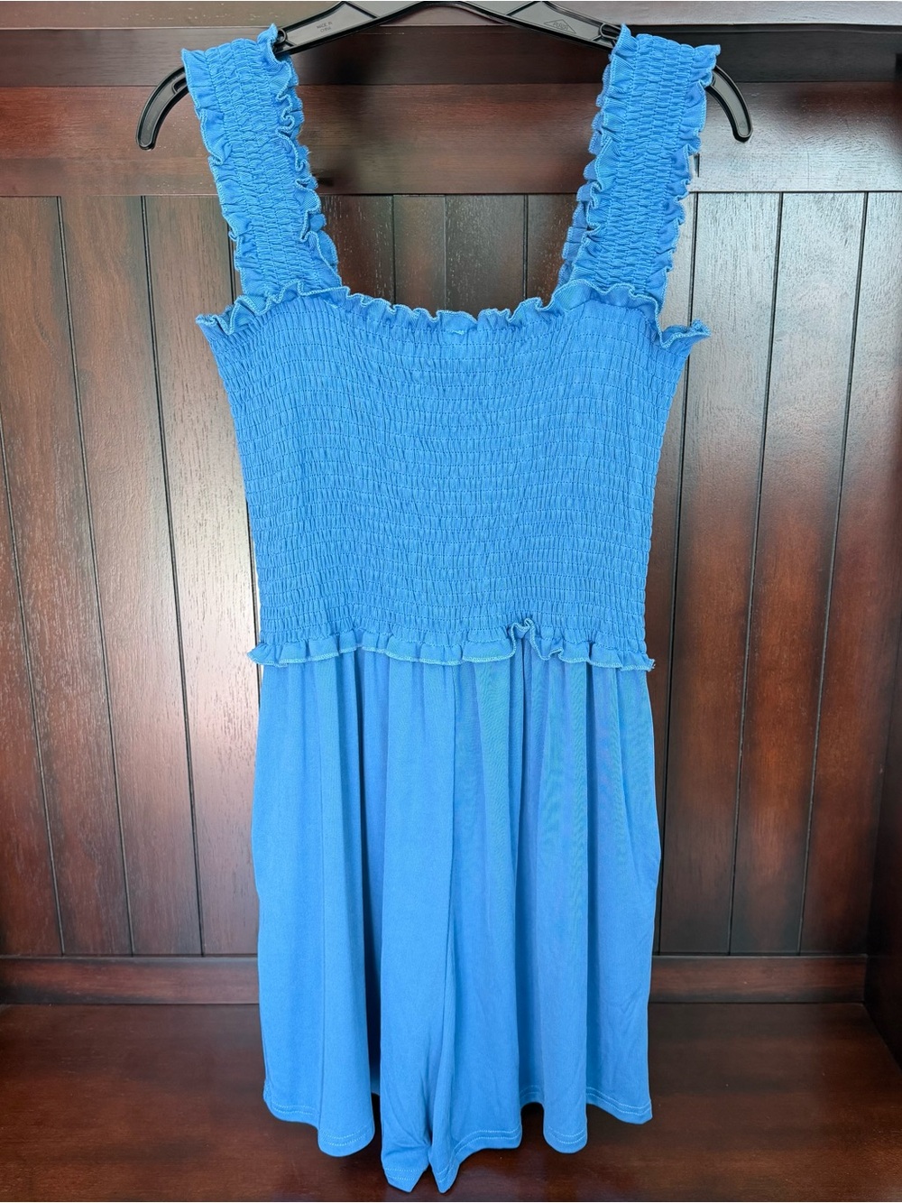 Smocked Blue Sleeveless Jumpsuit Romper with Pockets - Picture 4 of 9